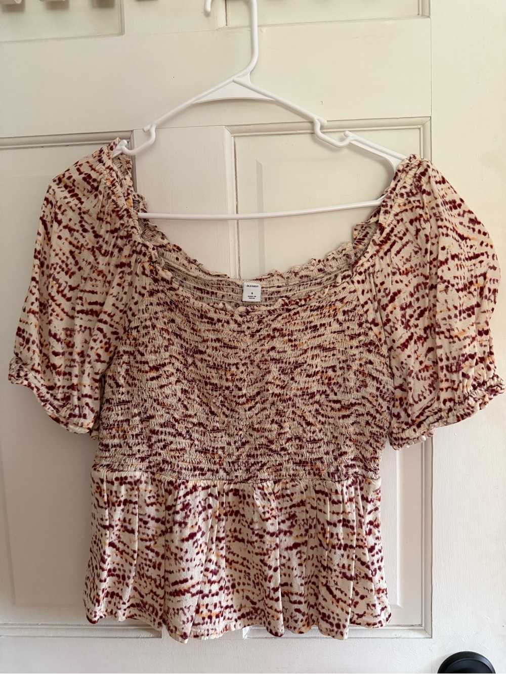 Old Navy Cream Smocked Top with Purple/Red and Rust Print